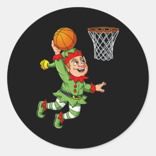 Christmas Elf Dunking A Basketball Fun Boys Kids X Classic Round Sticker