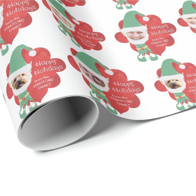 Christmas Elf Family 4 Photo Personalised Greeting Wrapping Paper (Roll Corner)