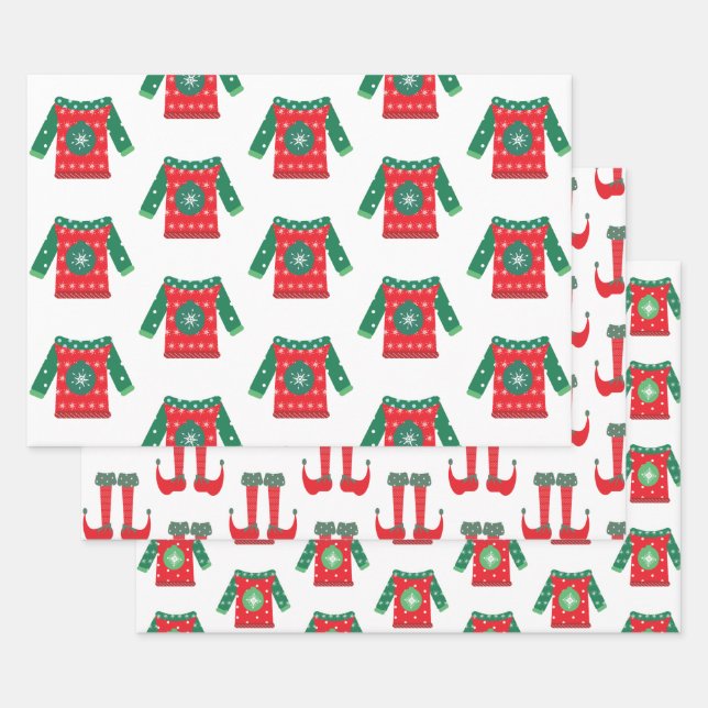 Christmas Elf Feet and Ugly Sweaters Whimsical Wrapping Paper Sheet (Set)