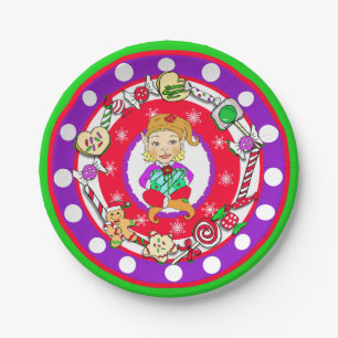 Christmas Elf Girl Whimsical Candy Polka Dot Paper Plate