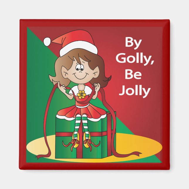 Christmas Elf Girl Wrapping A Gift Magnet (Front)