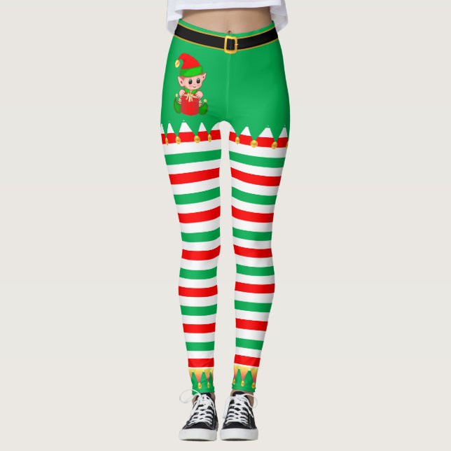 Christmas Elf & Gold Jingle Bells Leggings (Front)