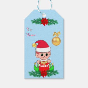 Christmas elf, golden ball & flower on light blue gift tags