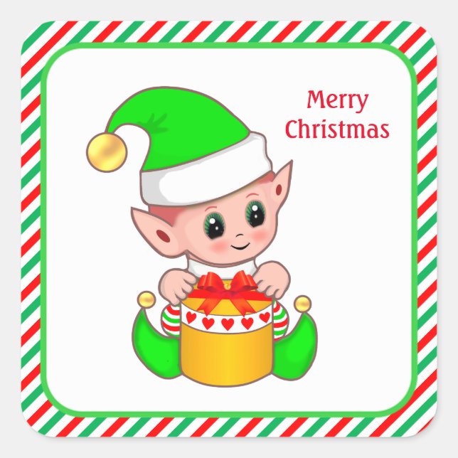 Christmas elf, green, red & white striped frame square sticker (Front)