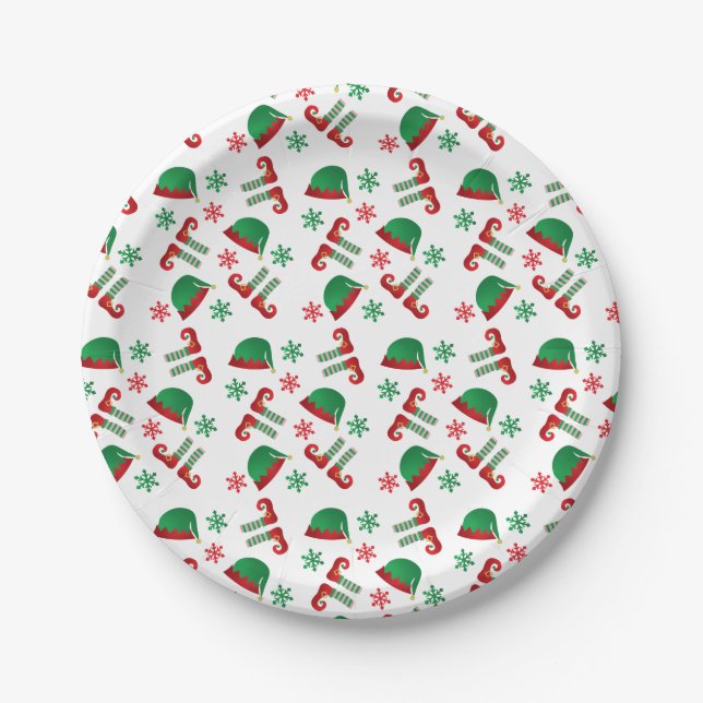 Christmas Elf Hat Snowflakes Pattern Green Red Paper Plate (Front)