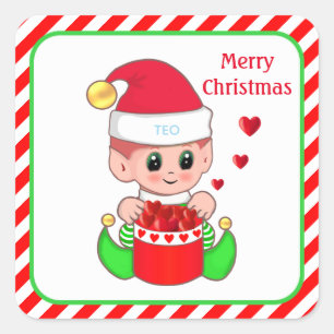 Christmas elf, hearts & editable text square sticker