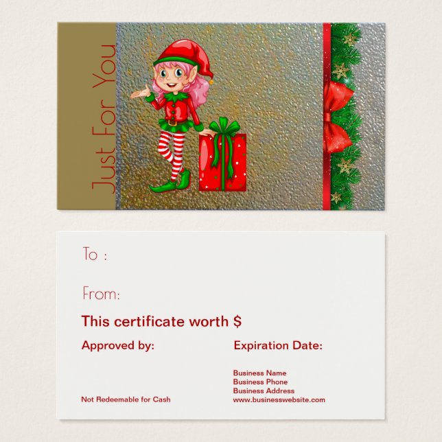 Christmas Elf Holiday Gift Card Just For You Gold (Front & Back)