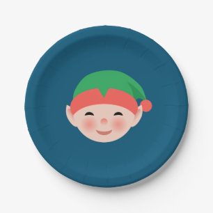 Christmas Elf in Green Hat on Blue Paper Plate