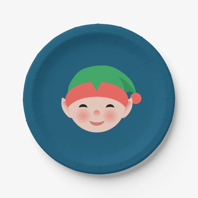 Christmas Elf in Green Hat on Blue Paper Plate (Front)