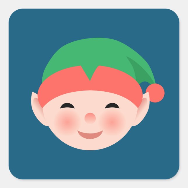 Christmas Elf in Green Hat on Blue Square Sticker (Front)