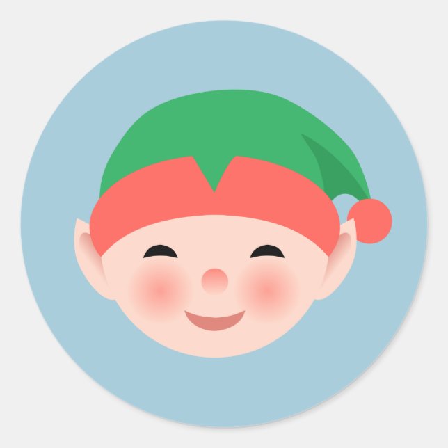 Christmas Elf in Green Hat on Light Blue Classic Round Sticker (Front)