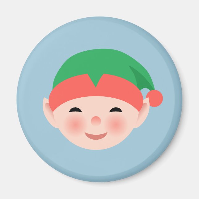 Christmas Elf in Green Hat on Light Blue Magnet (Front)