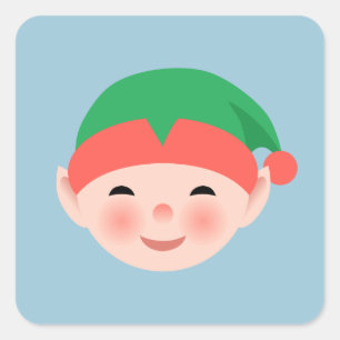Christmas Elf in Green Hat on Light Blue Square Sticker