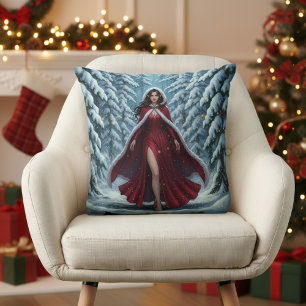 Christmas Elf in Red in Snowy Winter Forest Cushion