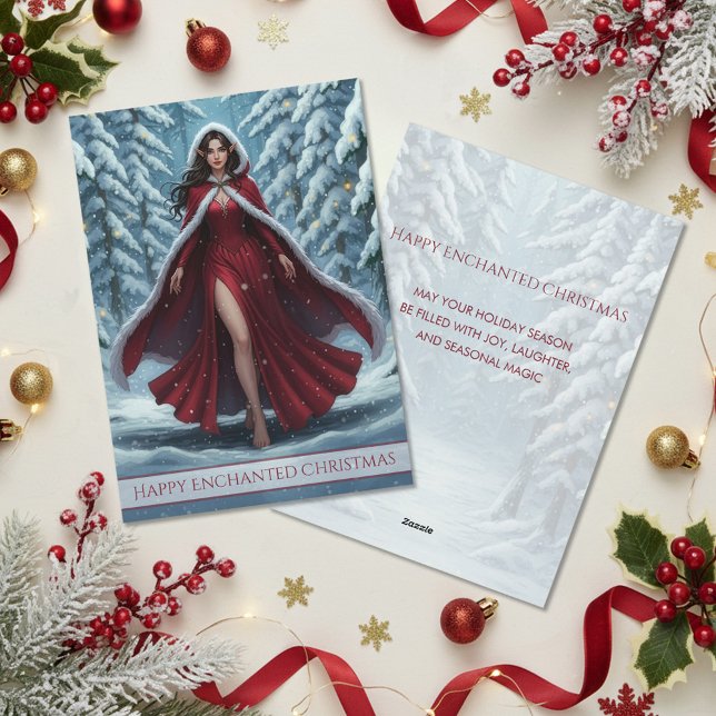 Christmas Elf in Red in Snowy Winter Forest Holiday Card (Creator Uploaded)