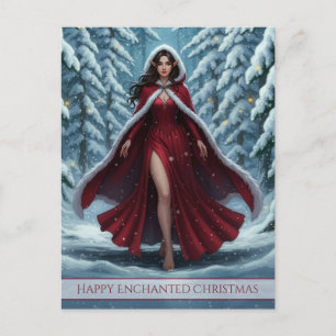Christmas Elf in Red in Snowy Winter Forest Holiday Postcard