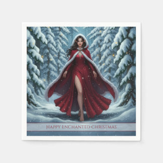 Christmas Elf in Red in Snowy Winter Forest Napkin