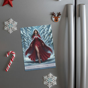 Christmas Elf in Red in Winter Forest Magnet Card