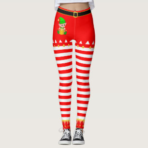 Christmas Elf & Jingle Bells on Red White Striped Leggings
