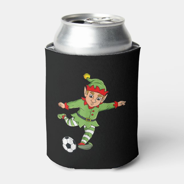 Christmas Elf Kicking Soccer Ball Funny Boys Girls Can Cooler (Can Front)