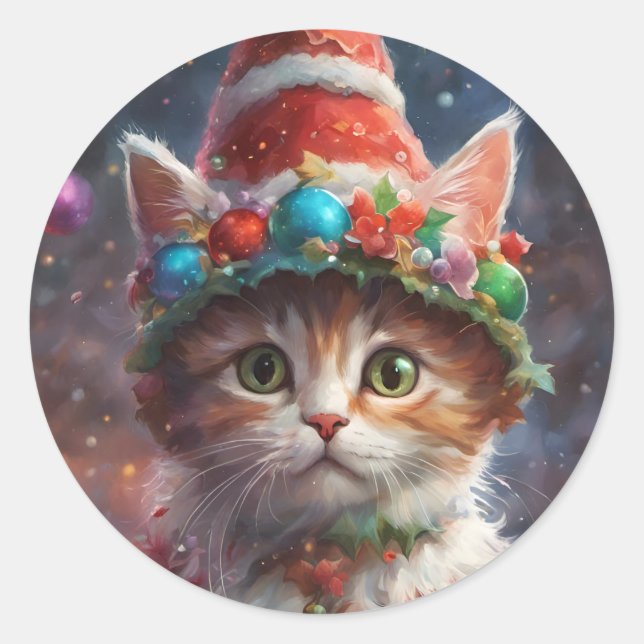 Christmas Elf Kitty, Holiday Kitten Cat, Pet  Classic Round Sticker (Front)