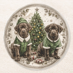 Christmas Elf Labrador Retriever Puppy Round Paper Coaster