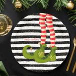 Christmas Elf Legs Black and White Stripes Paper Plate<br><div class="desc">Fun green booted elf legs on a black and white stripe background features your Christmas greeting in chic lettering on these cute holiday paper plates. MATCHING items in our store.</div>
