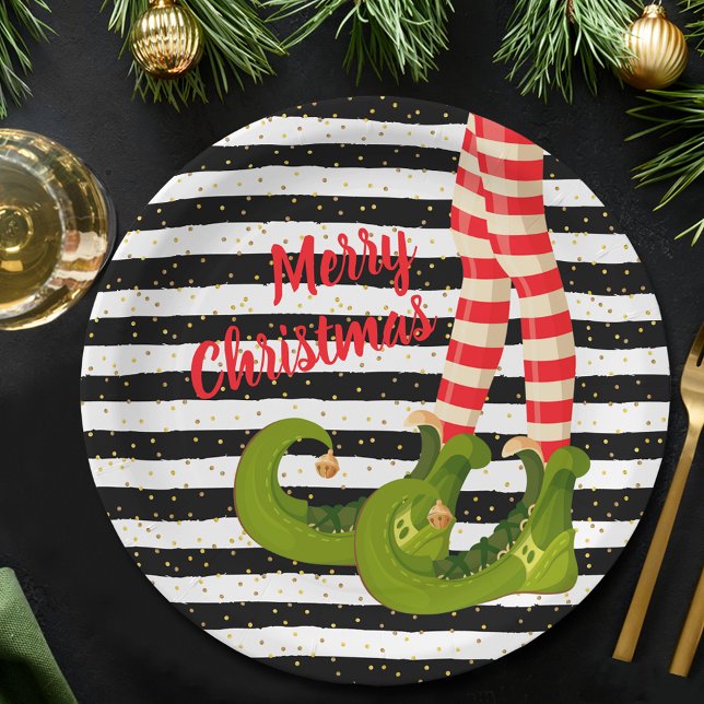 Christmas Elf Legs Black and White Stripes Paper Plate (Christmas Elf Legs Black and White Stripes Paper Plates)