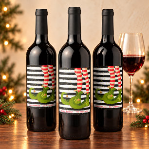 Christmas Elf Legs Black and White Stripes Wine Label
