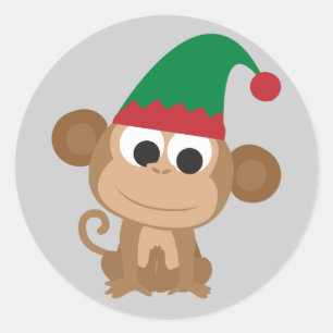 Christmas Elf Monkey Classic Round Sticker