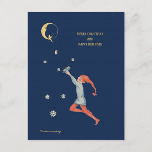 Christmas elf, moon and gift - dark blue night holiday postcard