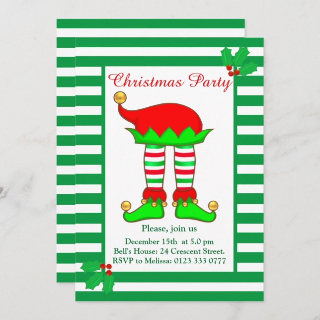 Christmas Elf on Green White Party Invitation (Front/Back)