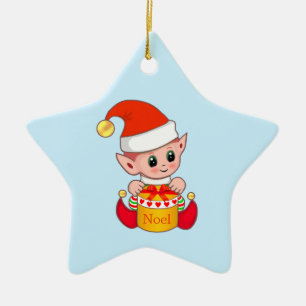 Christmas Elf on Light Blue Ceramic Tree Decoration