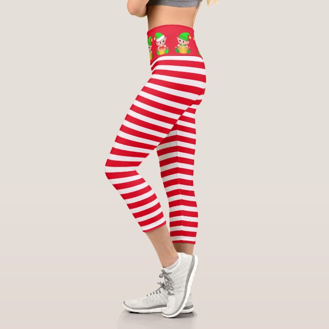 Christmas elf on red and white striped capri leggings (Left)