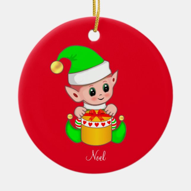 Christmas Elf on Red Ceramic Tree Decoration (Front)