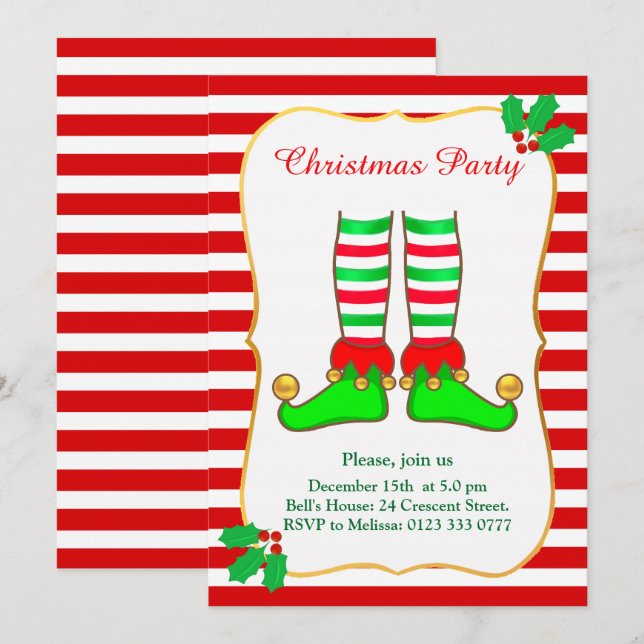 Christmas Elf on Red White Party Invitation (Front/Back)