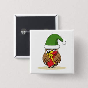 Christmas Elf Owl with Present 15 Cm Square Badge