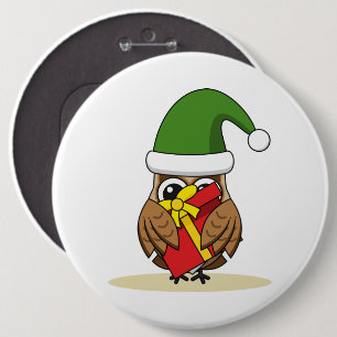 Christmas Elf Owl with Present 6 Cm Round Badge
