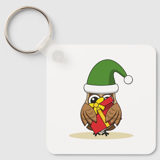 Christmas Elf Owl with Present Key Ring (Front)