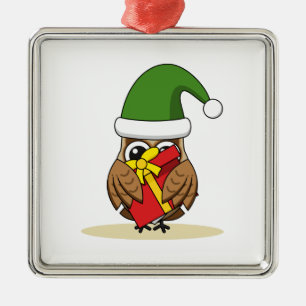 Christmas Elf Owl with Present Metal Tree Decoration