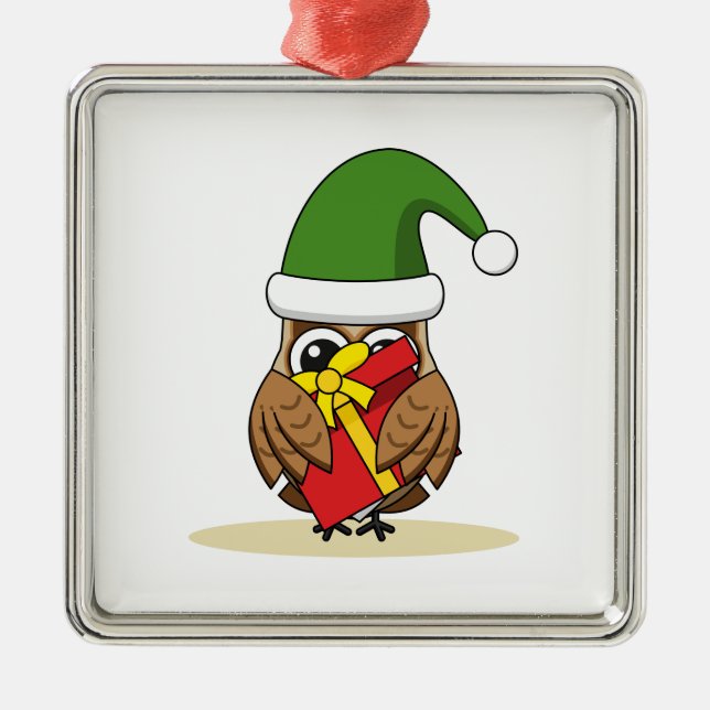 Christmas Elf Owl with Present Metal Tree Decoration (Front)