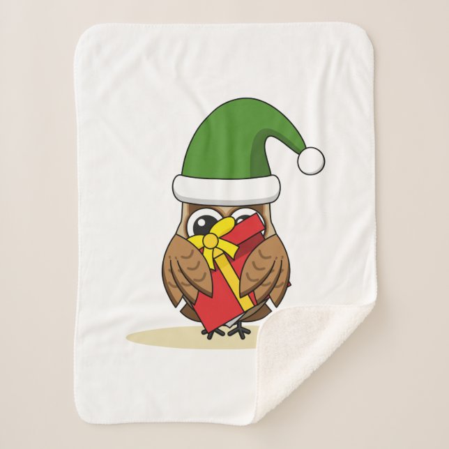 Christmas Elf Owl with Present Sherpa Blanket (Front)