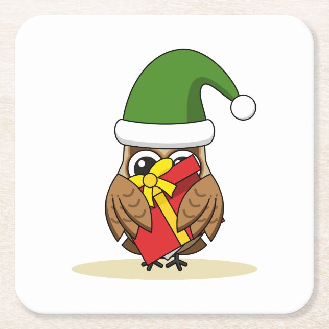 Christmas Elf Owl with Present Square Paper Coaster (Front)