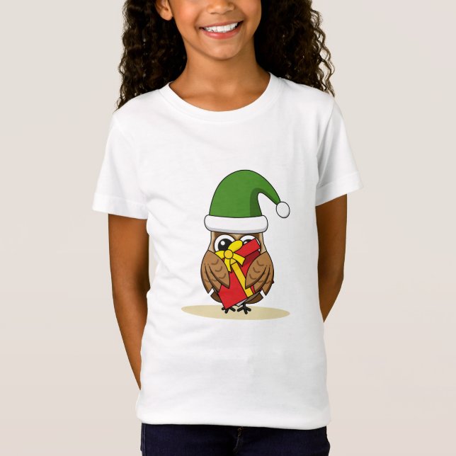 Christmas Elf Owl with Present T-Shirt (Front)
