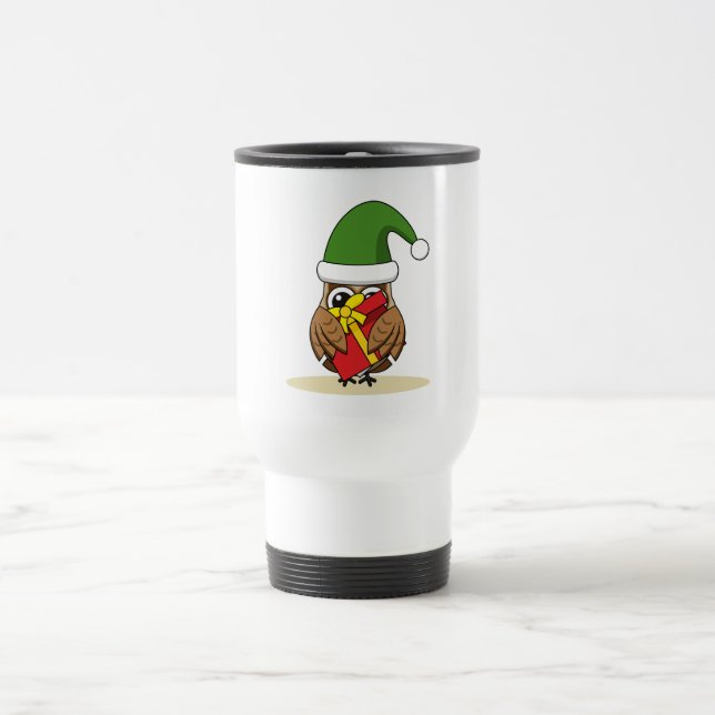 Christmas Elf Owl with Present Travel Mug (Center)