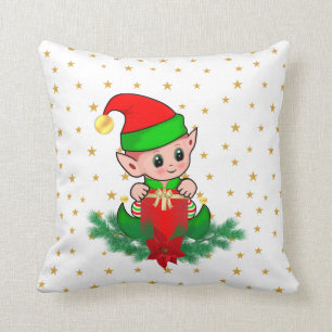 Christmas elf, pine, poinsettia & stars cushion