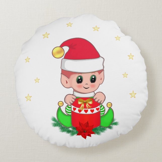 Christmas elf, pine, poinsettia & stars round cushion (Back)