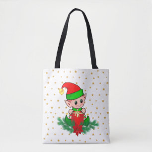 Christmas elf, pine, poinsettia & stars tote bag