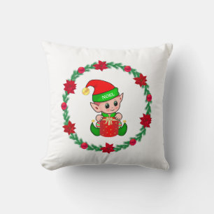 Christmas elf, pine wreath, poinsettias & balls cushion