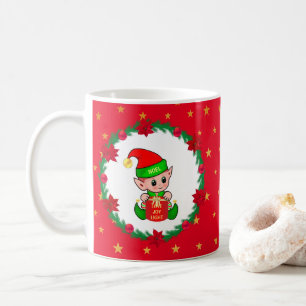 Christmas elf, pine wreath, poinsettias & stars coffee mug